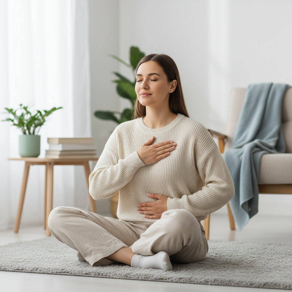 An illustration demonstrating the 4-7-8 breathing technique with a person inhaling through the nose, holding breath, and exhaling slowly through pursed lips, possibly with visual breath timing indicators.