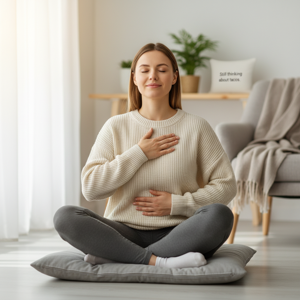 A person practicing box (square) breathing, with a visual representation of a box or square overlay symbolizing the 4-second intervals of inhale, hold, exhale, and hold again.