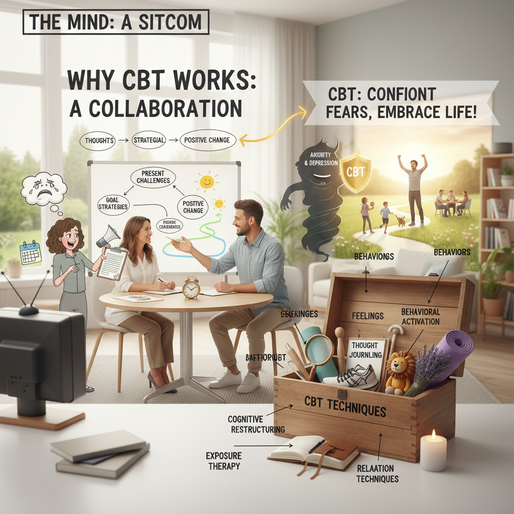 Illustration of the mind as a sitcom with thoughts, feelings, and behaviors as characters, and CBT as a director reshaping the story for a happier ending.