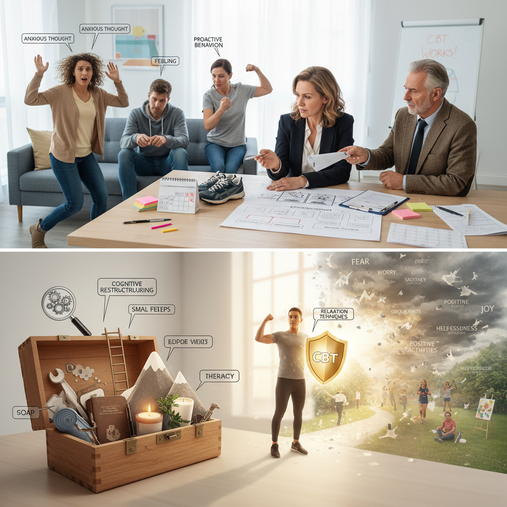 Depiction of CBT techniques toolbox, showing cognitive restructuring, behavioral activation, exposure therapy, thought journaling, and relaxation techniques as tools.