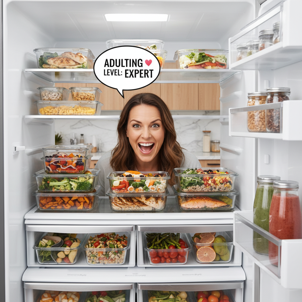 An organized kitchen fridge with neatly packed meal prep containers filled with balanced, colorful meals representing nutritious and time-saving meal prep.