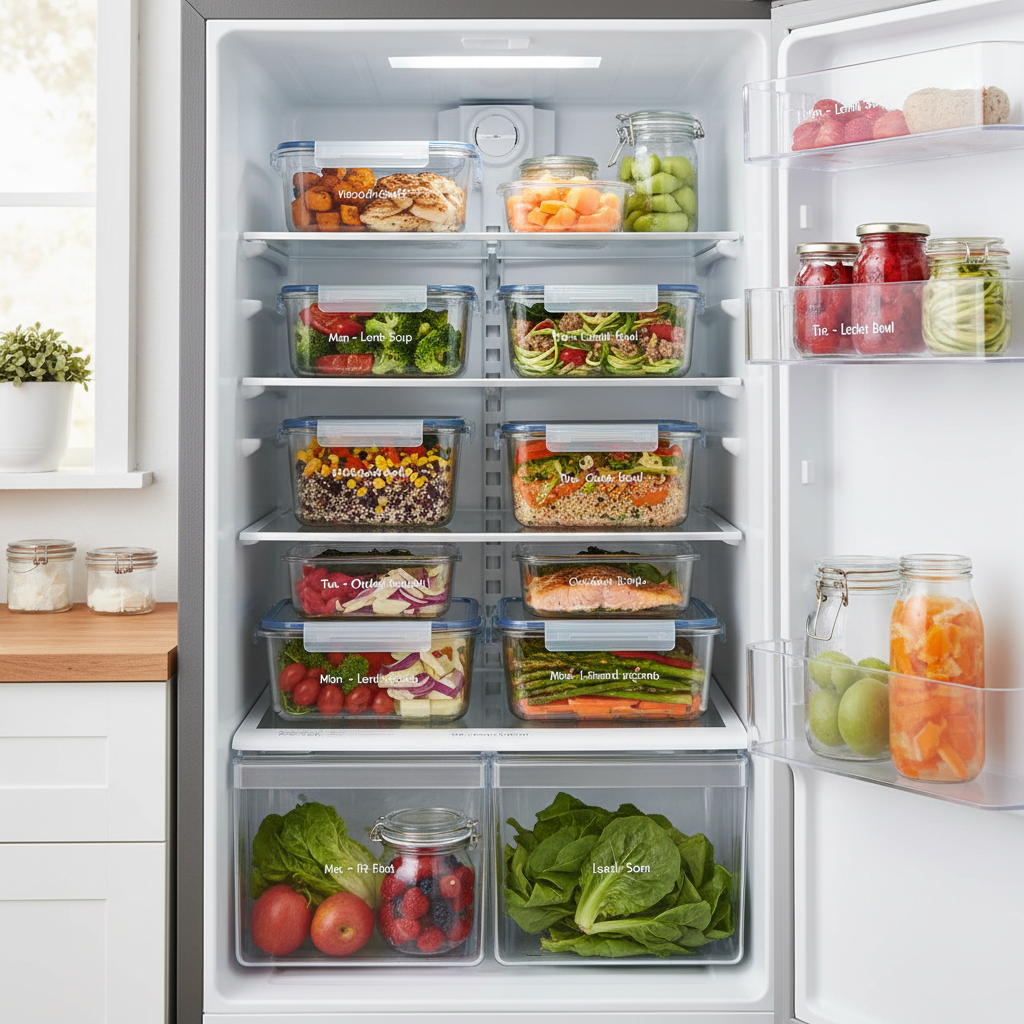 A step-by-step illustrated guide showing planning a menu, shopping smart, batch cooking, portioning meals, and proper storage with glass and plastic containers.