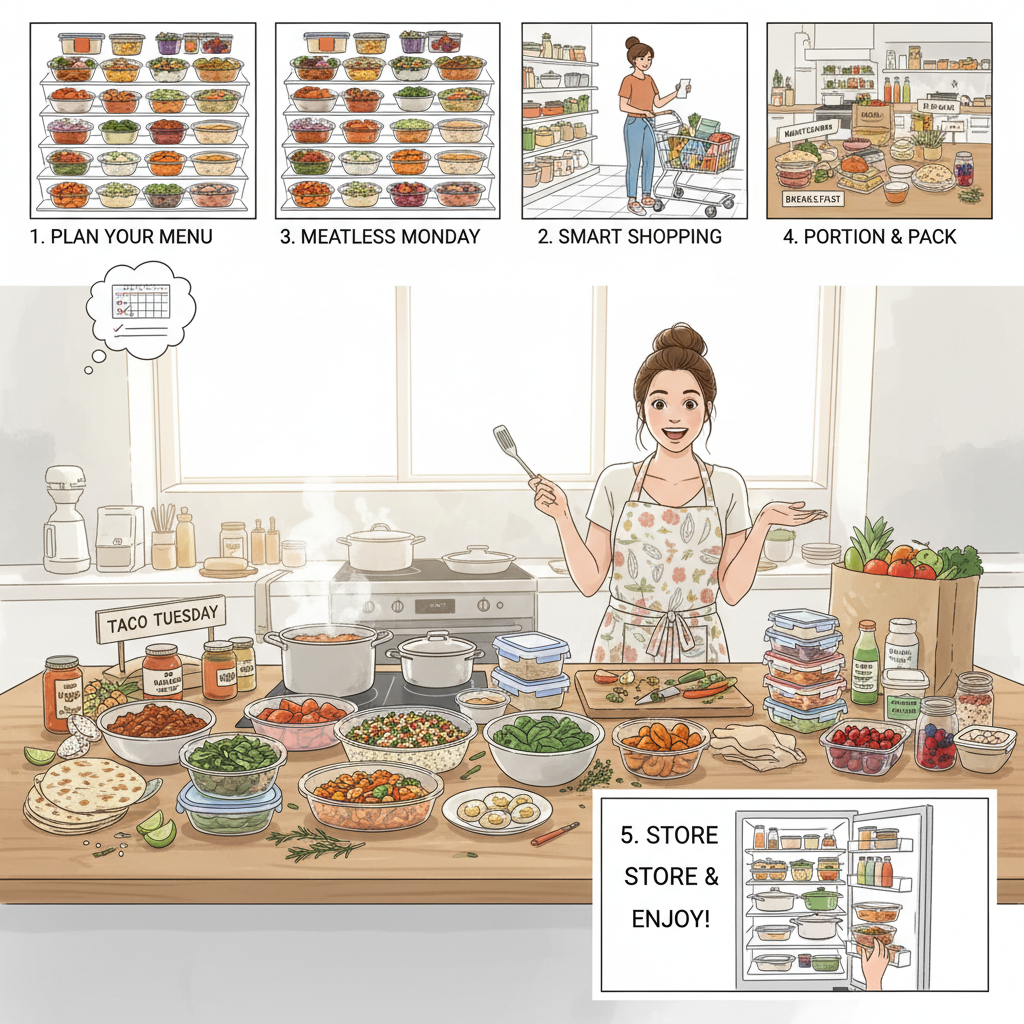 A vibrant and diverse meal prep setup featuring various themed meals like Taco Tuesday and Meatless Monday, fresh herbs, and convenience foods for variety and success.