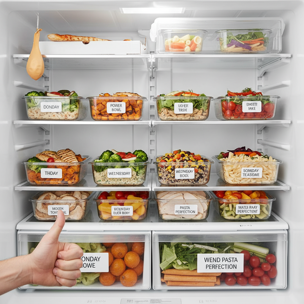 A happy person cooking and batch preparing meals in a bright kitchen, showcasing efficiency and enjoyment in healthy meal preparation.