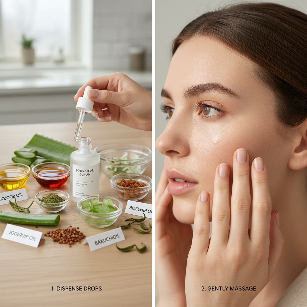 A step-by-step illustration or photo showing how to use plant-based serums effectively, including applying drops on fingertips and gently massaging onto skin.