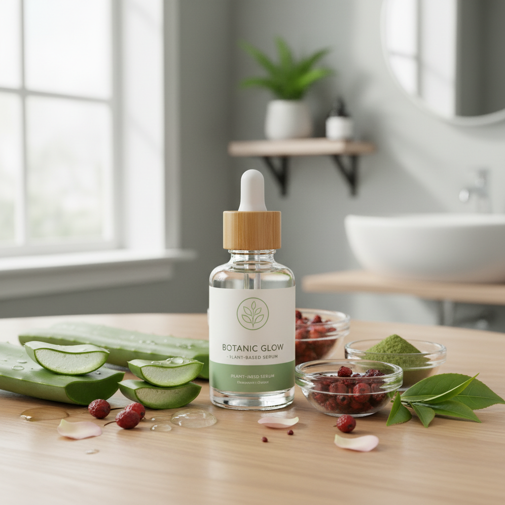A chic bottle of plant-based serum surrounded by fresh botanical ingredients like aloe vera, rosehip, and green tea.