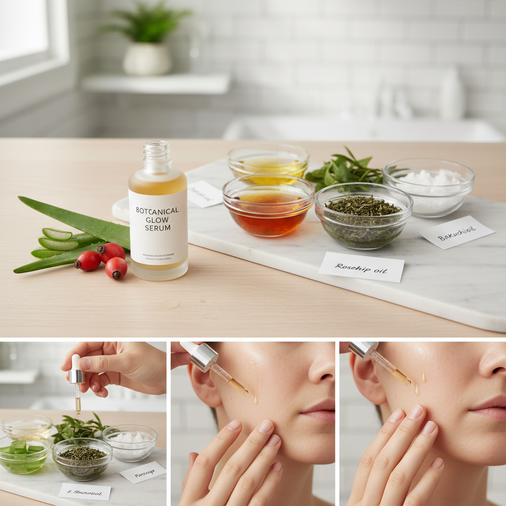 A collection of star plant-based serum ingredients such as jojoba oil, rosehip oil, aloe vera, green tea extract, and bakuchiol displayed elegantly in glass bowls.
