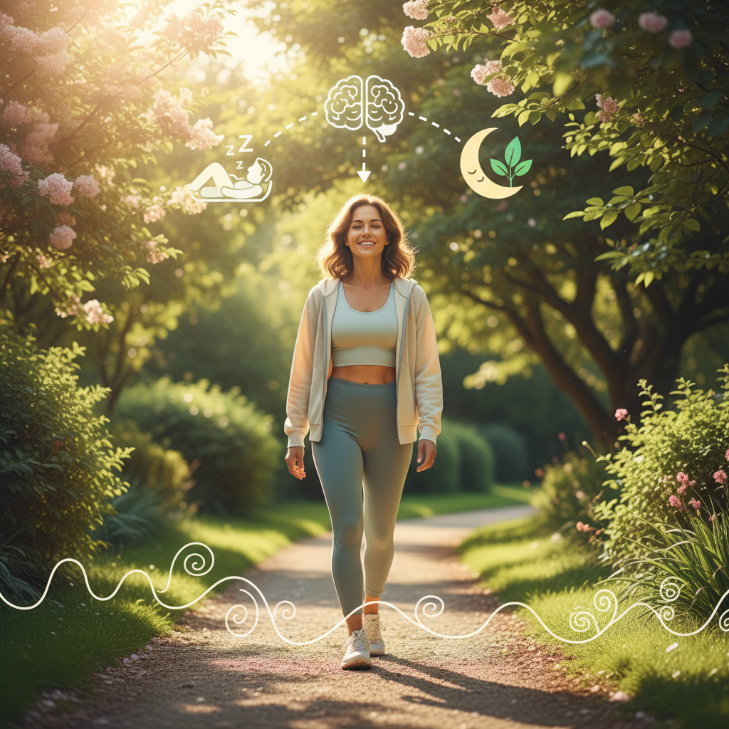 A step-by-step infographic style image showing a walking routine: choosing the best time (morning or evening), setting duration and intensity, picking a comfortable route, focusing on posture and breathing, and tracking progress with a smartphone or smartwatch.