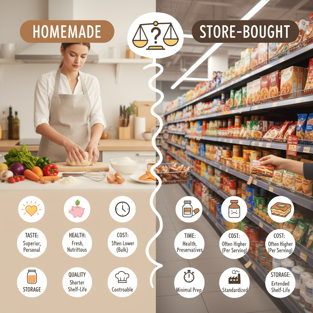 Choice between homemade cooking and store-bought food: kitchen scene with person cooking vs shopping aisle with prepackaged meals