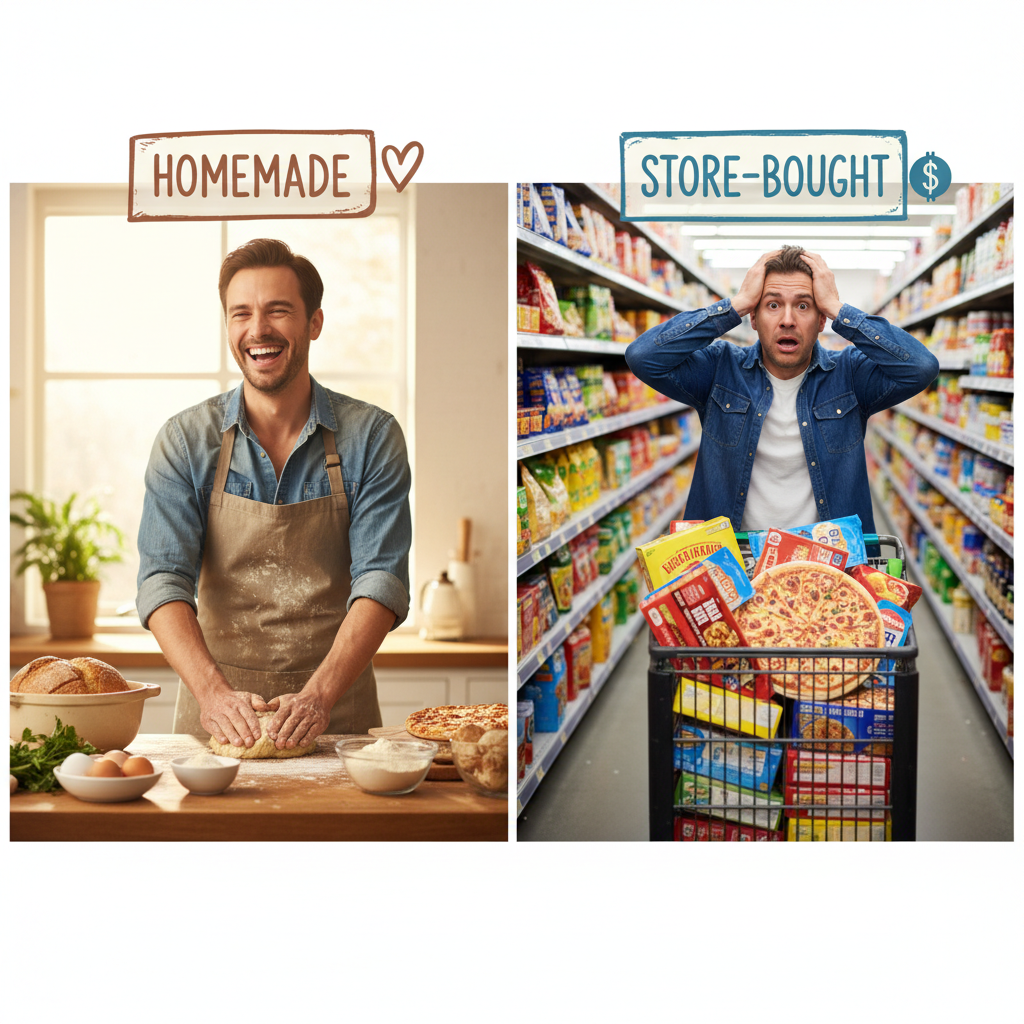 Cozy kitchen scene showing common scenarios: baking homemade cakes, store-bought sauces, hybrid cooking with premade dough and fresh spices