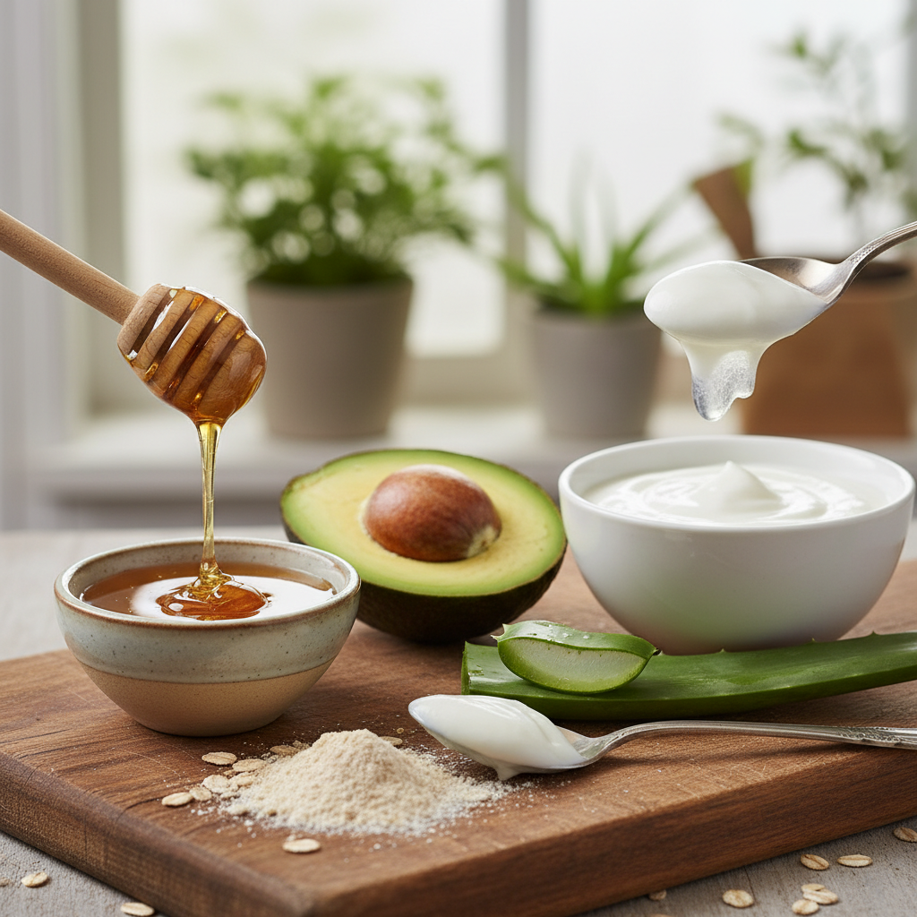 A cozy home bathroom scene with natural ingredients like avocado, honey, aloe vera, yogurt, and oatmeal neatly arranged, with a person preparing a hydrating face mask in a small bowl.