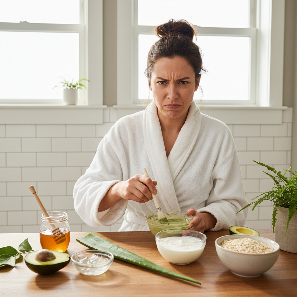 Close-up image showing natural ingredients: honey dripping, ripe avocado sliced, Aloe vera gel, yogurt spooned out, and oatmeal in a rustic setting with greenery in the background.