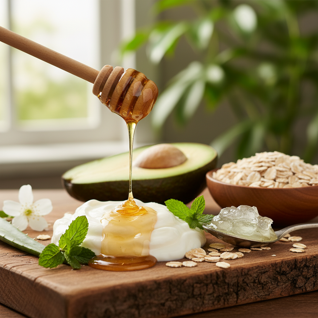 Step-by-step visual guide of applying a creamy homemade hydrating face mask on a person's face, demonstrating mixing ingredients, mask application, relaxing with eyes closed, and rinsing off.