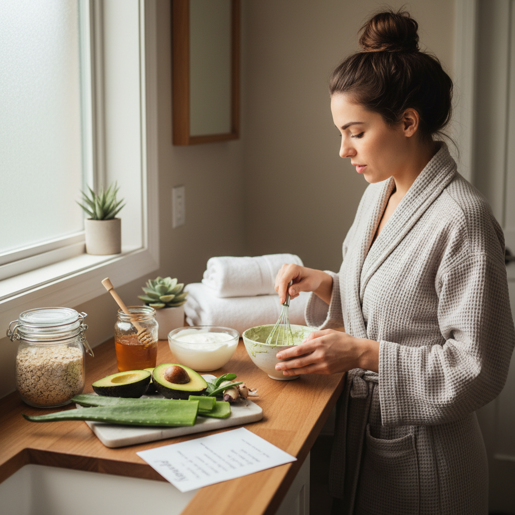 Seasonal scenes representing summer and winter skincare: a sunny outdoor setting with avocado and honey ingredients, and a cozy winter indoor setting with oatmeal and moisturizing skincare items.