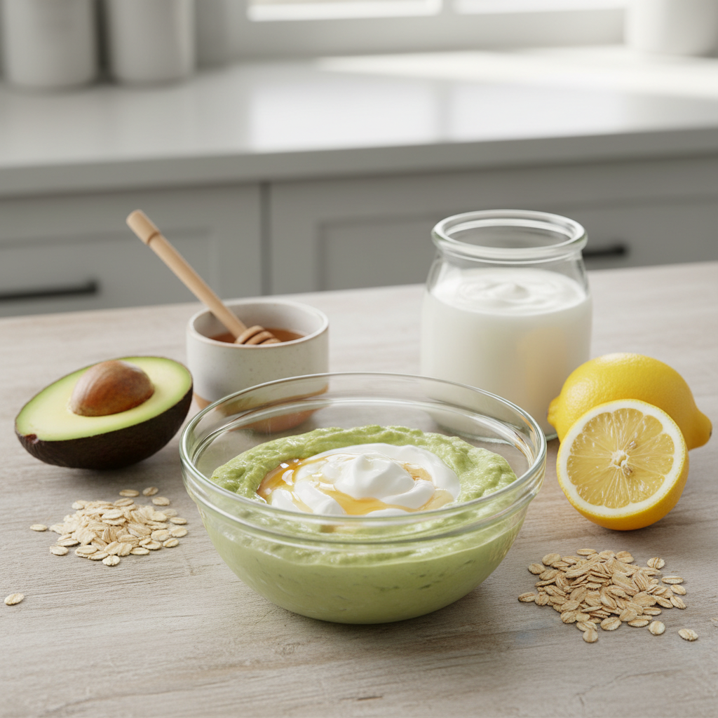 A clean and organized skincare setup featuring natural ingredients like avocado, honey, yogurt, aloe vera, with a notebook of tips and notes beside it.