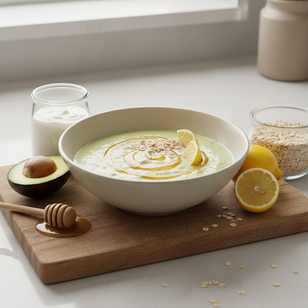 A bowl with mashed ripe avocado, yogurt, honey, lemon juice, and rolled oats, showing the fresh ingredients for the DIY hydrating face mask.