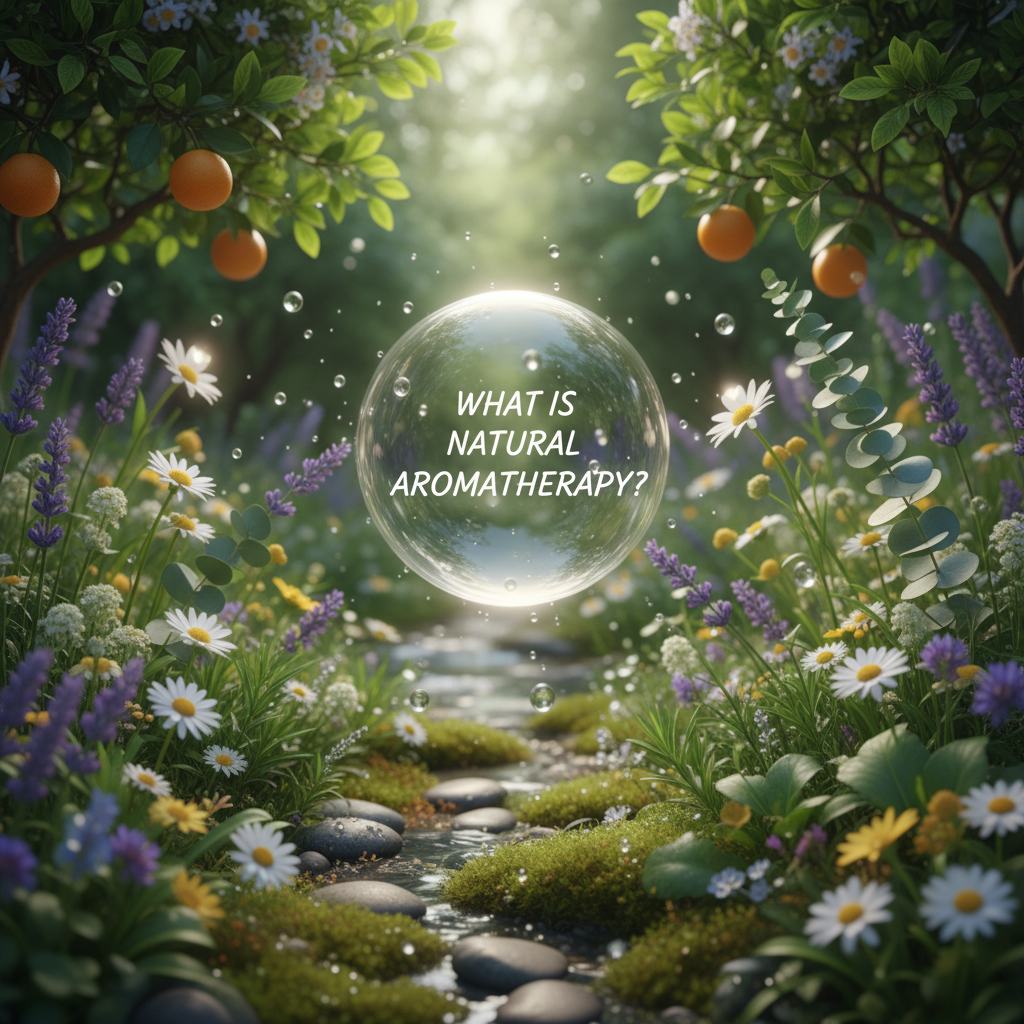 A visually appealing infographic showcasing the key benefits of natural aromatherapy such as stress relief, improved sleep, pain management, mood enhancement, mental clarity, respiratory support, and immune boosting, illustrated with relevant icons like lavender, sleep, heart, brain, lungs, and shield.