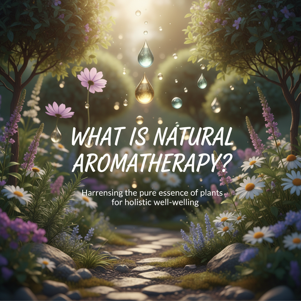 A serene natural setting with various plants like flowers, herbs, and trees emitting glowing essential oil droplets to represent 'What is Natural Aromatherapy?', with a calming, soothing color palette.