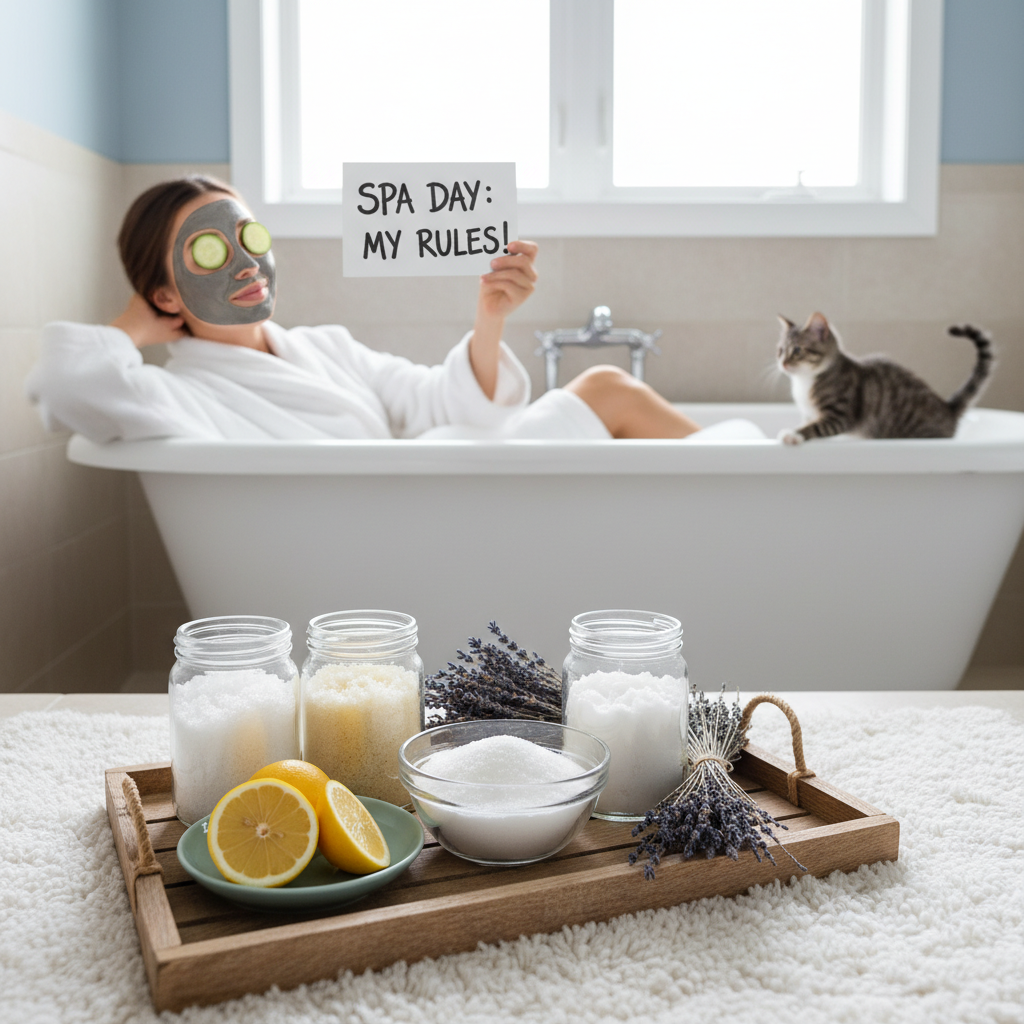 Step-by-step illustrations or photos showing the preparation of homemade scrubs: mixing sugar and coconut oil, blending coffee grounds with brown sugar, combining honey and oatmeal, and stirring sea salt with olive oil and lemon juice.