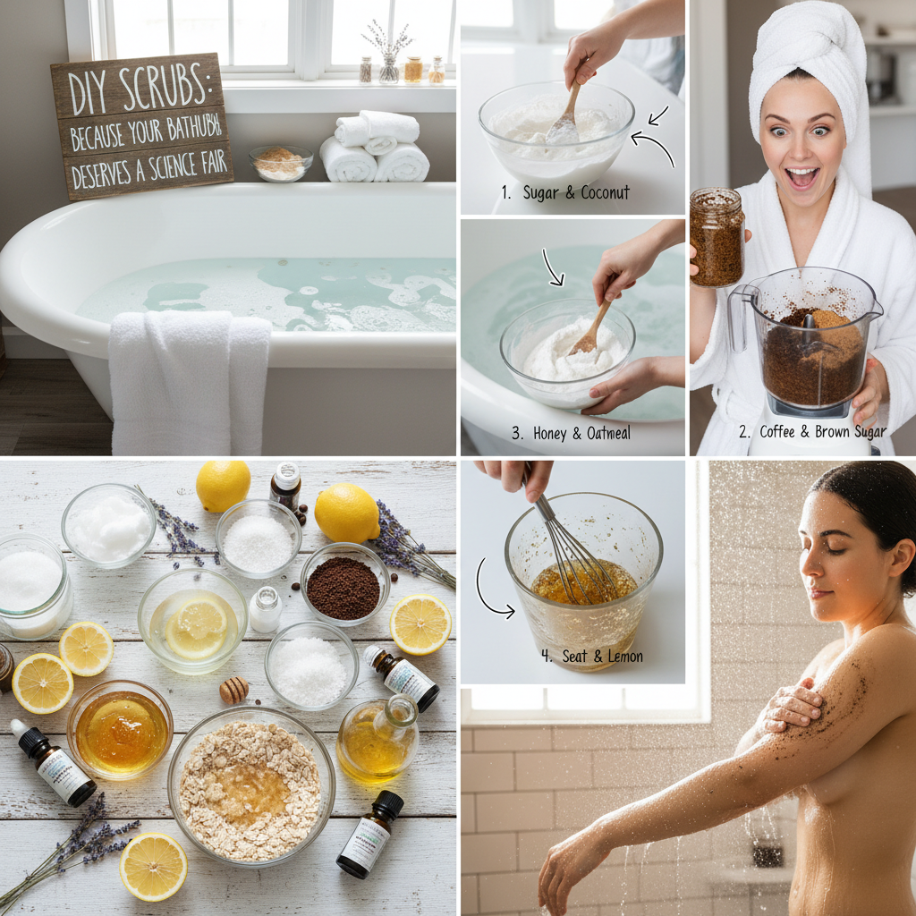 A cozy home spa setting with natural ingredients like sugar, coconut oil, lemon, and lavender, highlighting the benefits of making your own scrubs.