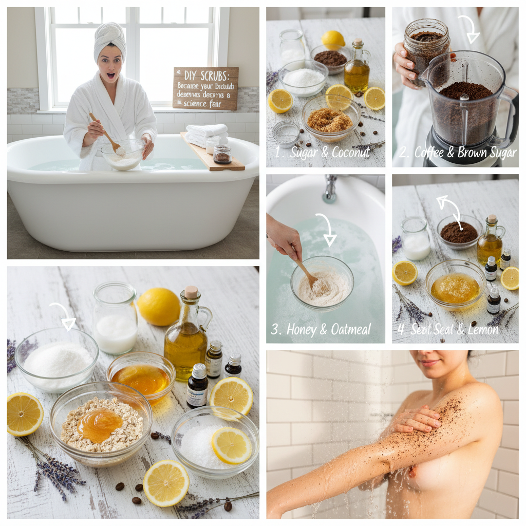 A close-up assortment of key natural ingredients for DIY scrubs, including sugar, sea salt, coffee grounds, oatmeal, coconut oil, olive oil, honey, and essential oils arranged artistically.