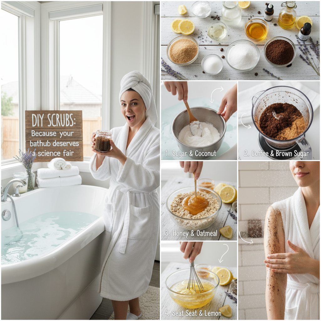 A person gently massaging a homemade scrub onto their damp skin in circular motions in a warm, steamy shower setting demonstrating proper usage technique.
