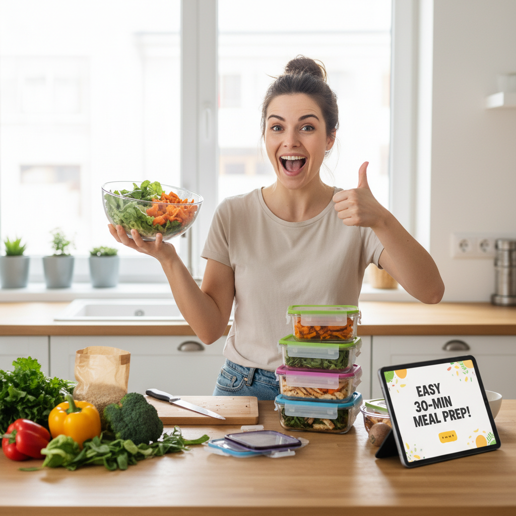 Vibrant collage of quick and healthy meal prep recipes including quinoa salad, chicken, egg muffins, and lettuce wraps