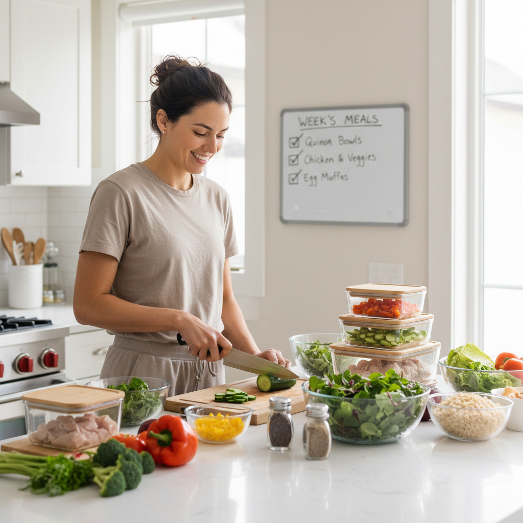 Easy healthy meal prep: busy person happily preparing meals with fresh ingredients and containers