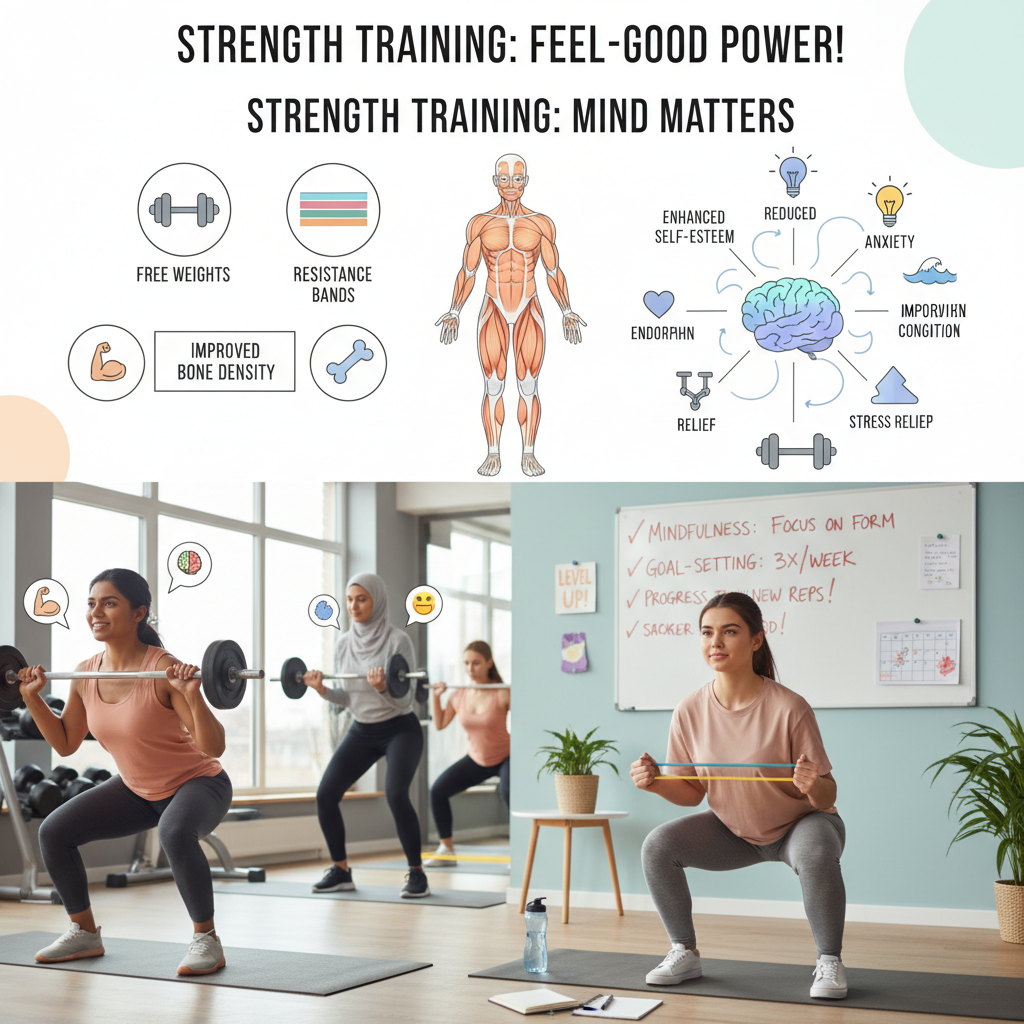A visual infographic or illustration of strength training methods including free weights, resistance bands, and bodyweight exercises demonstrating muscle toning and improved bone density.