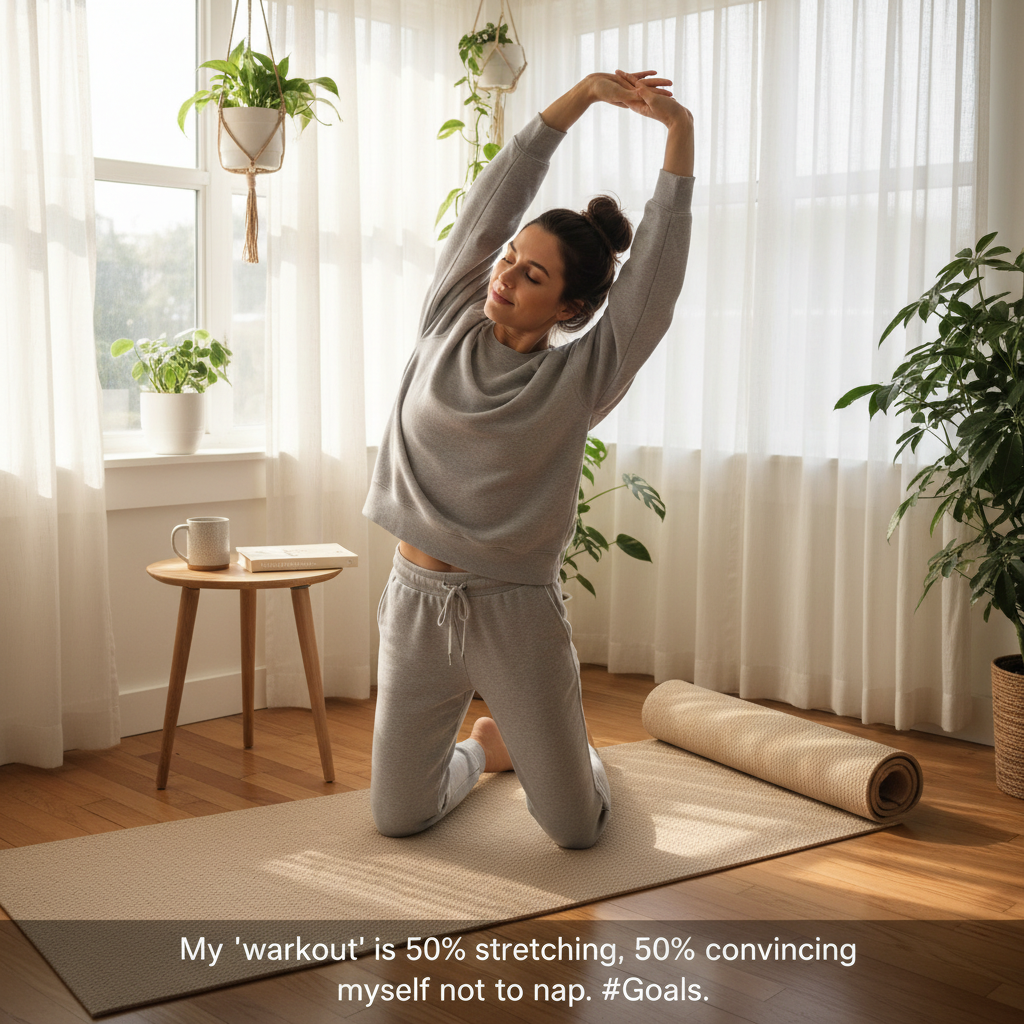 A cozy and relaxing home setting with ambient lighting, soft music, and a person practicing mindfulness during their workout, highlighting tips for creating a calming workout atmosphere.