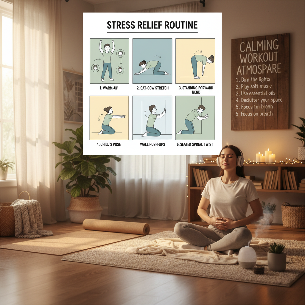 A calm and cozy home workout space by a sunlit window with soft natural light, a yoga mat on the floor, and a person dressed in comfortable clothing preparing to exercise.