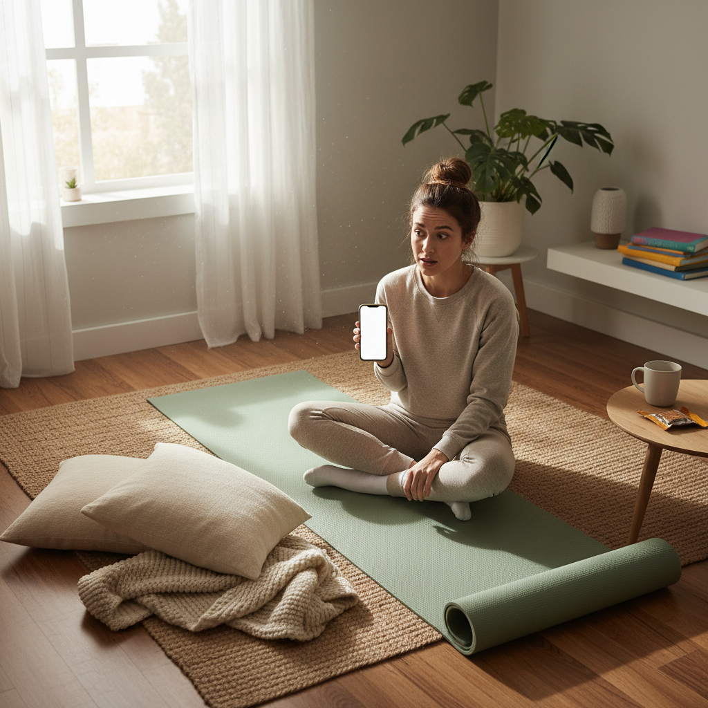 An illustration showing a step-by-step routine: warming up with marching in place and shoulder rolls, performing bodyweight stress relief exercises like Cat-Cow stretch, Standing Forward Bend, Child’s Pose, Wall Push-ups, and Seated Spinal Twist.