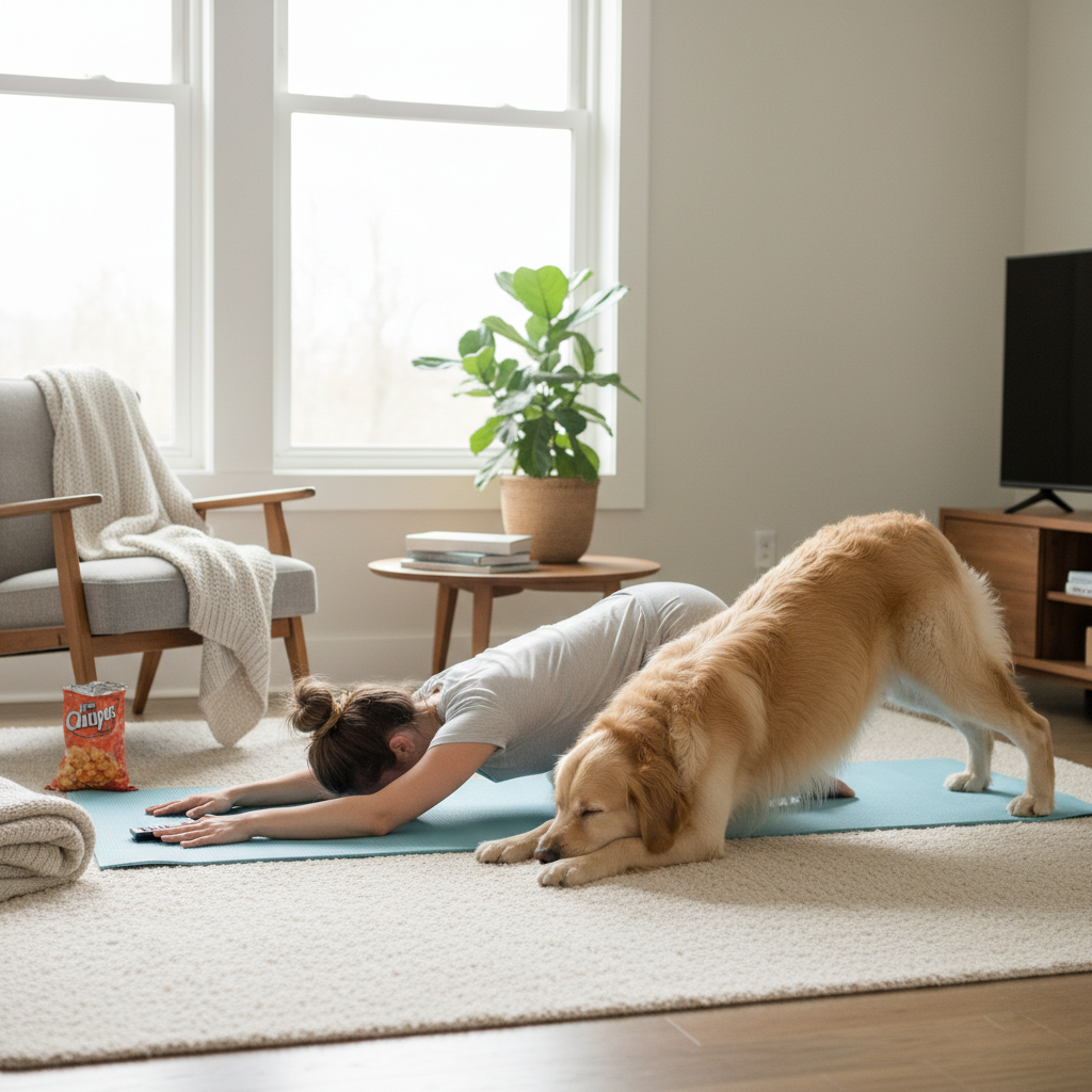 A step-by-step sequence depiction of the Easy At-Home Yoga Routine, showing transitions between poses like Mountain Pose, Upward Salute, Child’s Pose, Cat-Cow, Downward Dog, Cobra, Warrior II, and Tree Pose, set in a simple home environment.