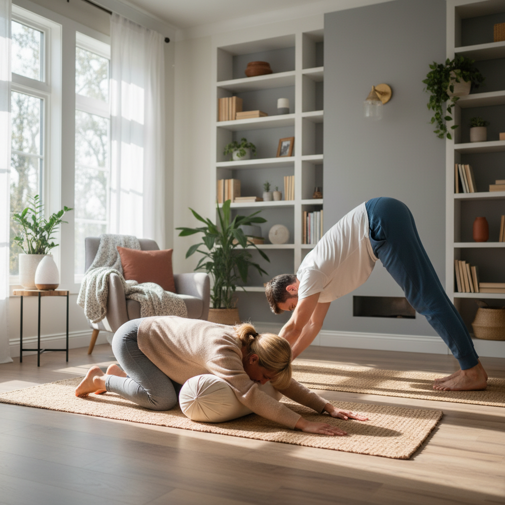 Illustrations of the seven beginner-friendly yoga poses: Mountain Pose, Child’s Pose, Cat-Cow Pose, Downward Facing Dog, Cobra Pose, Warrior II, and Tree Pose, each clearly demonstrated by a beginner yogi.