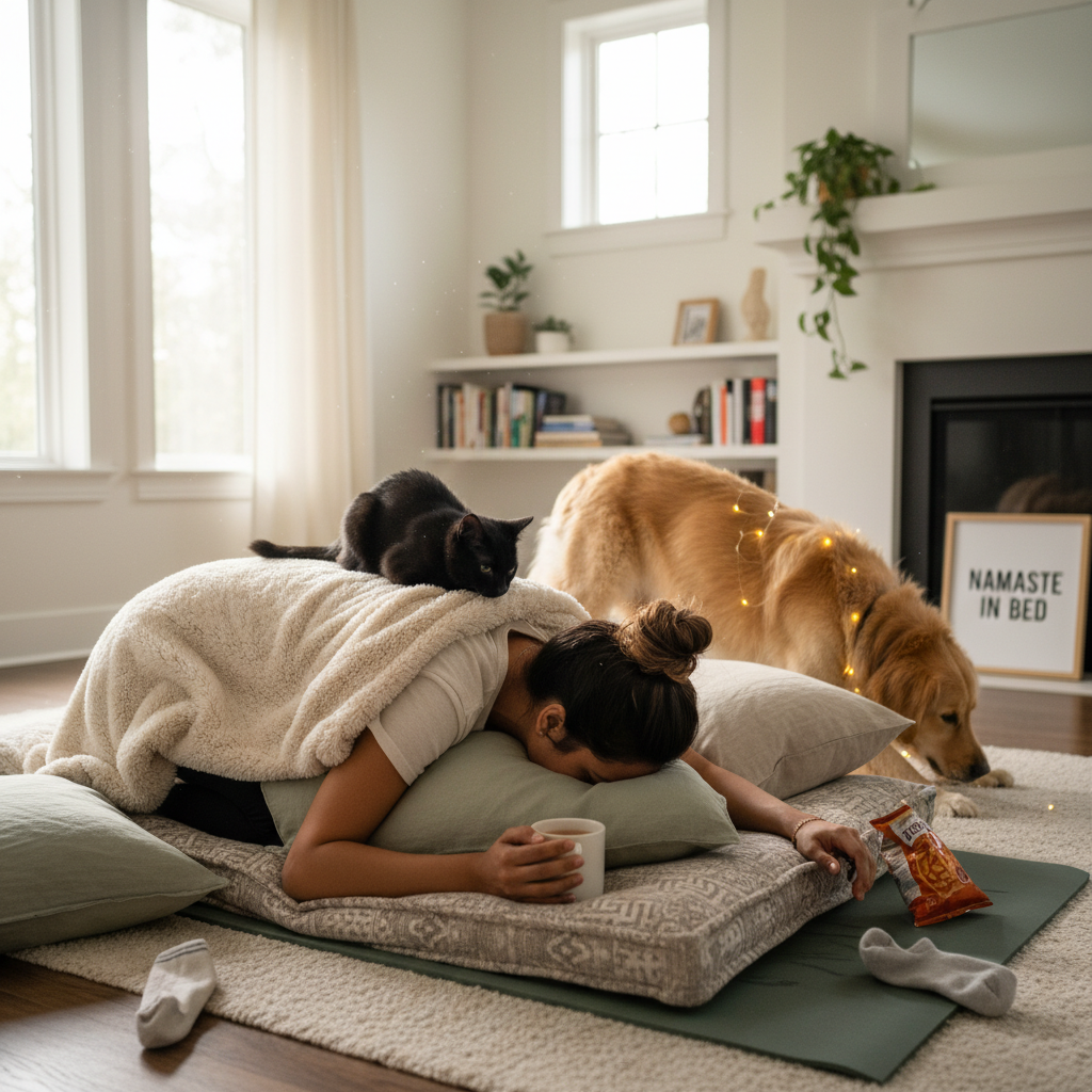 A peaceful home yoga setting showing a person practicing Child’s Pose and Downward Dog in a cozy living room, emphasizing comfort and relaxation.