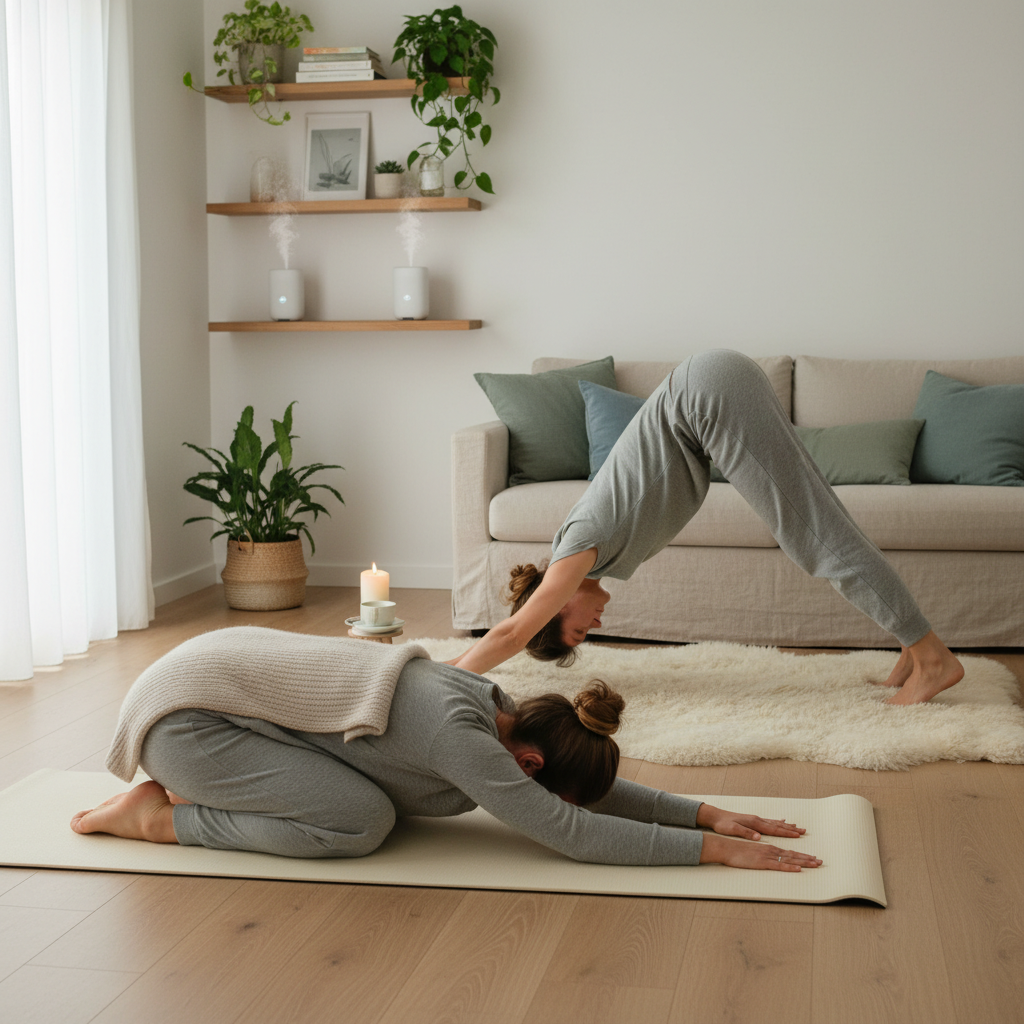 A calm and inviting yoga practice space at home with elements like a yoga mat, cushions, blankets, and natural light, showcasing tips for creating a great at-home yoga practice environment.