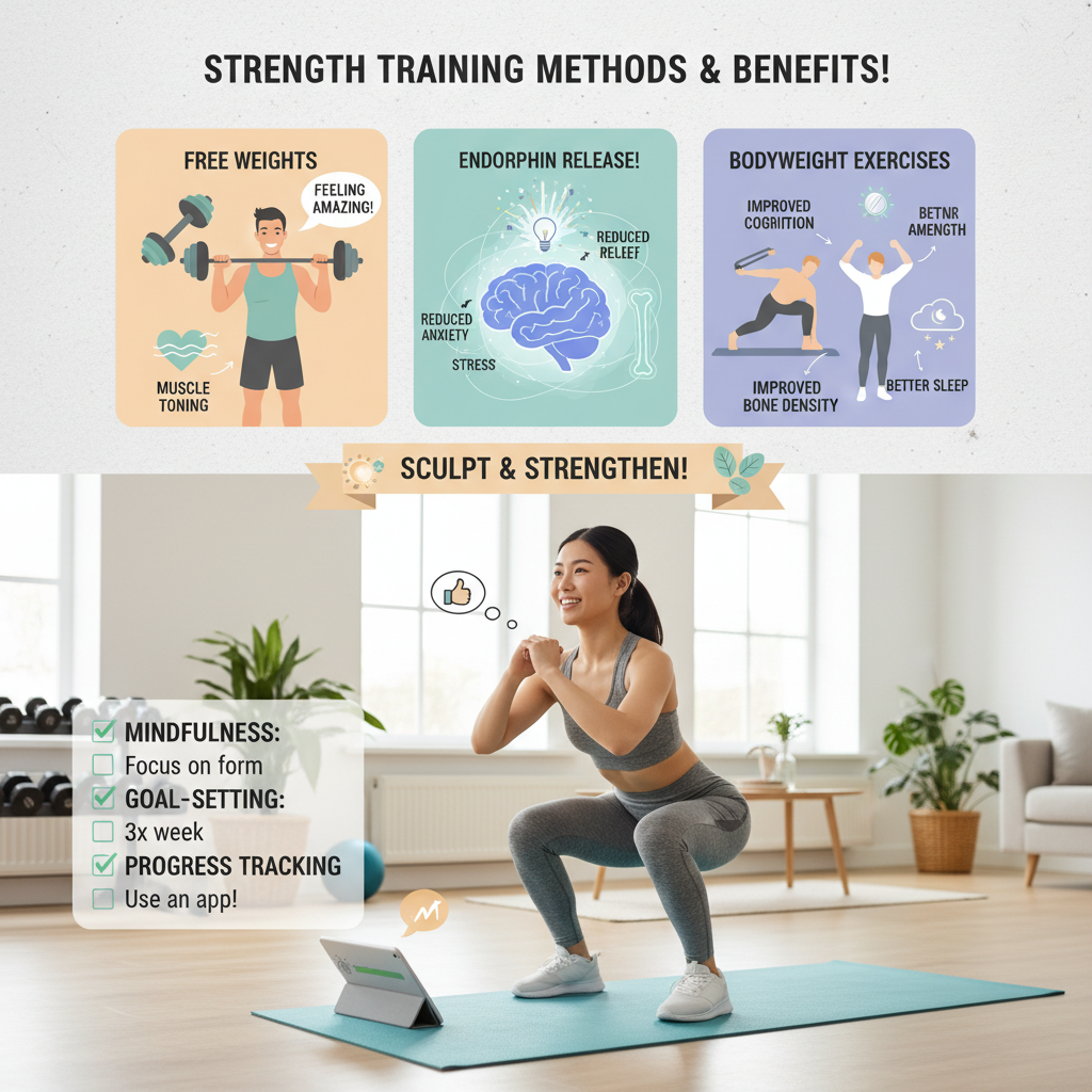 A creative depiction of the top mental health benefits of strength training such as endorphin release, reduced anxiety, improved cognition, enhanced self-esteem, stress relief, and better sleep, using symbolic imagery like a brain, heart, and happy person.
