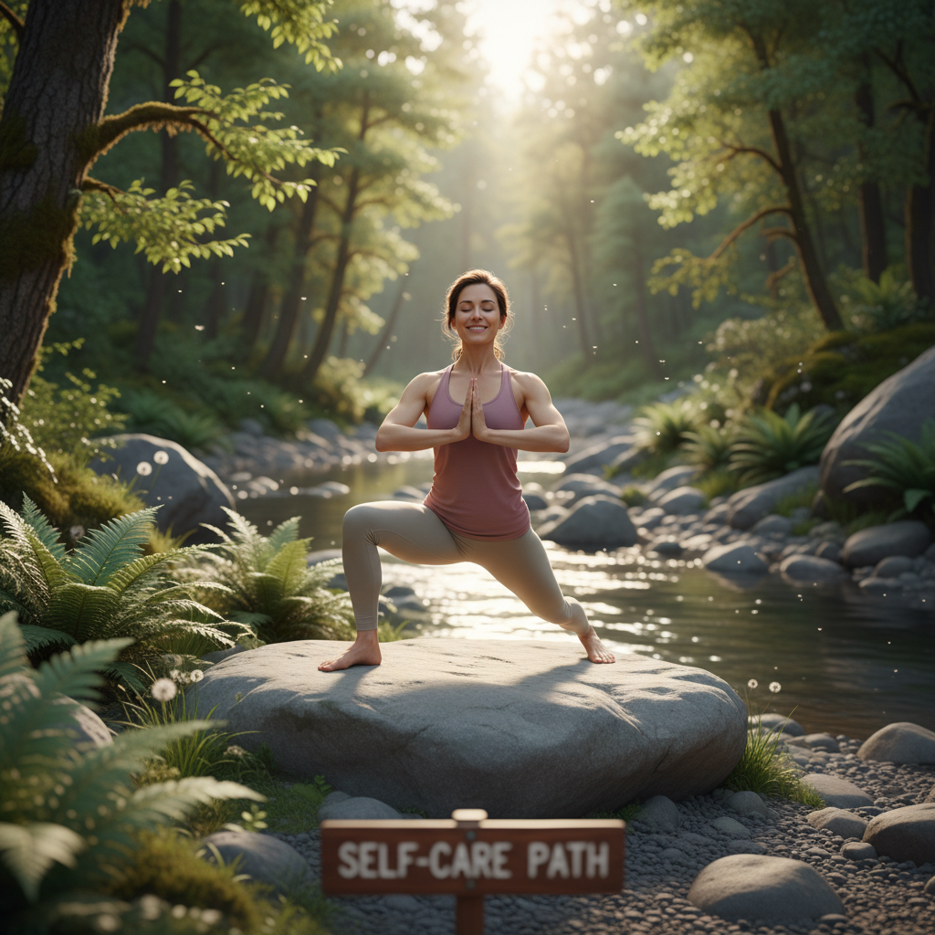 Illustration of a person doing gentle low impact exercises like yoga or walking in a calm, natural setting to represent 'Why Choose a Low Impact Exercise Routine for Self Care?'