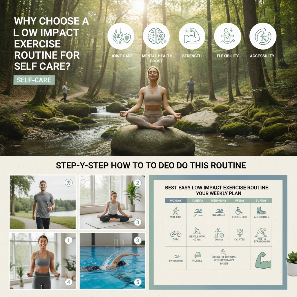 Step-by-step images of different low impact workouts such as walking outdoors, gentle yoga poses, pilates core exercises, swimming, and strength training with resistance bands for 'Step-by-Step How to Do This Routine'