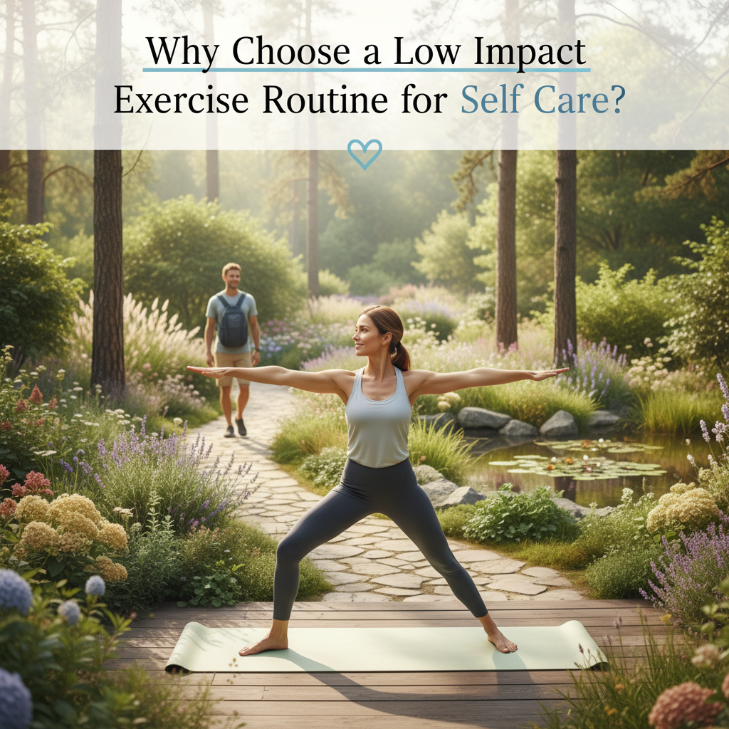 Graphic showing key benefits of low impact exercise such as joint care, mental health boost, strength, flexibility, and accessibility with icons or symbols to represent each benefit