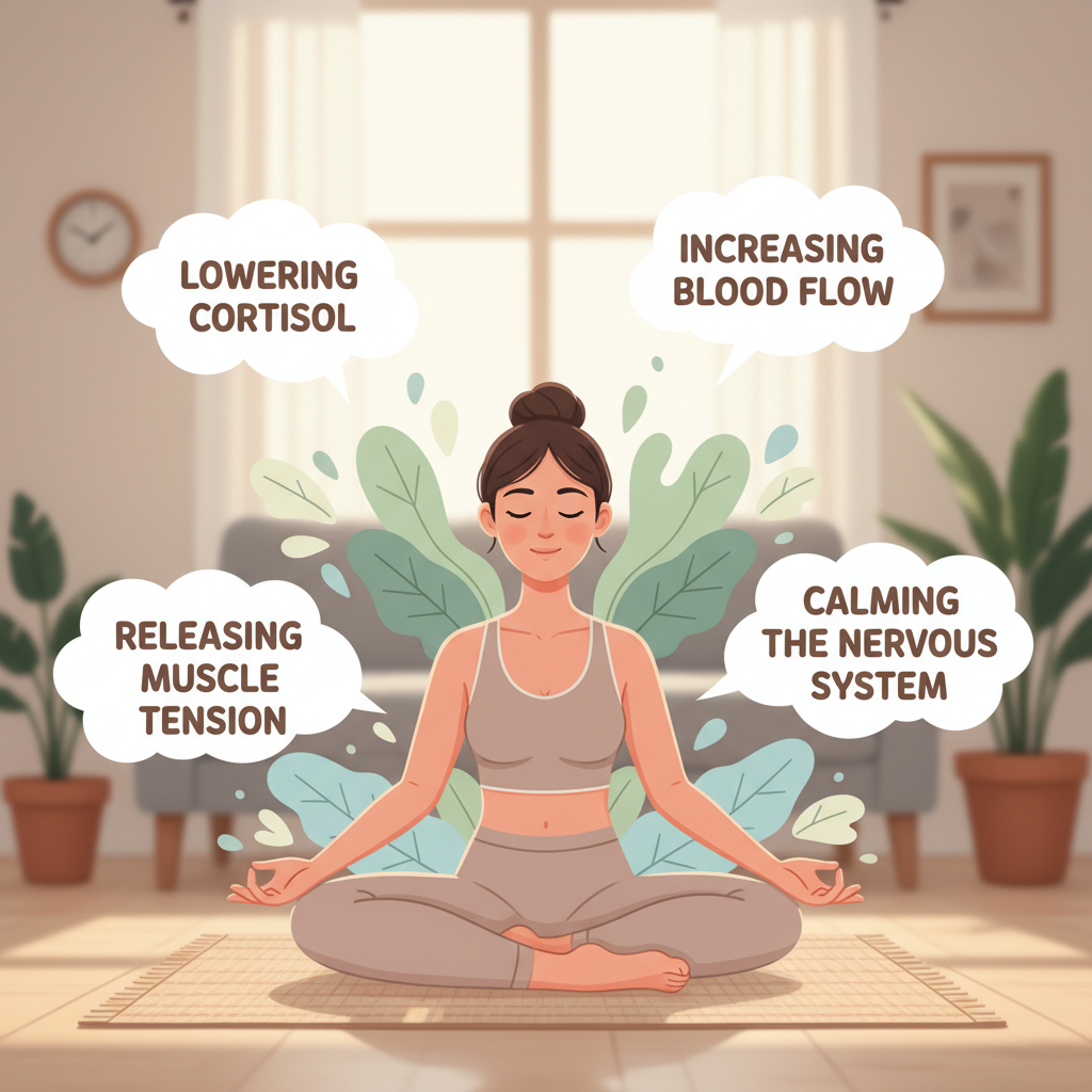 An illustration showing a peaceful person practicing easy yoga poses with captions highlighting benefits like lowering cortisol, increasing blood flow, releasing muscle tension, and calming the nervous system.