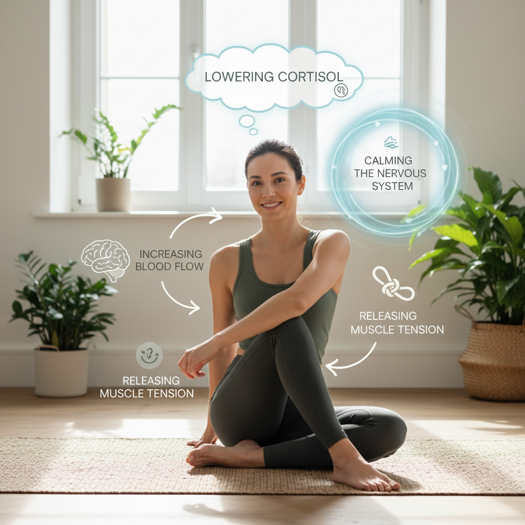 A calming infographic or step-by-step visual guide of the quick and easy yoga sequence including Child’s Pose, Cat-Cow Pose, Easy Pose, Legs-Up-the-Wall Pose, and Corpse Pose, emphasizing relaxation and stress relief.