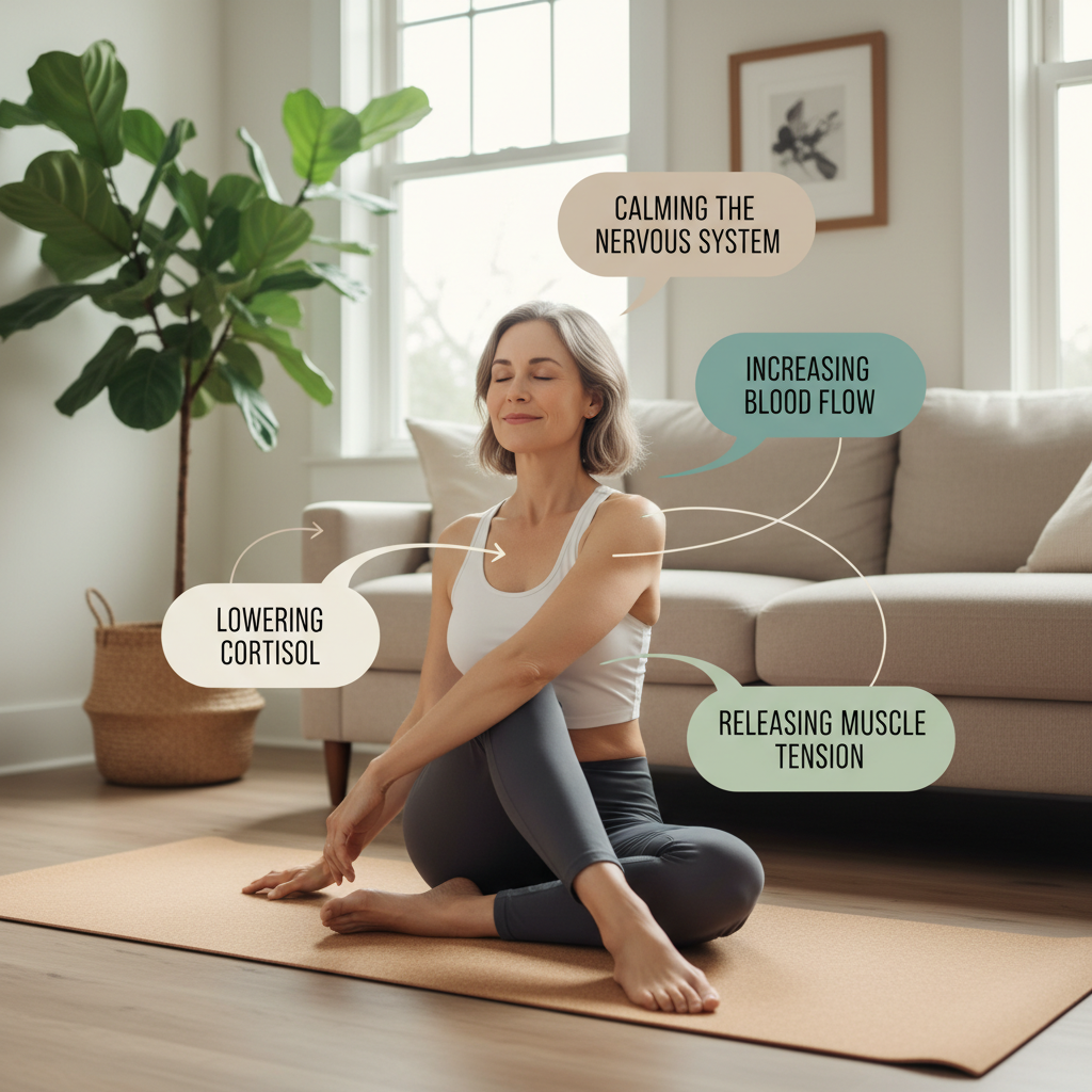 A cozy, serene home yoga environment scene with elements like dim lighting, soft music, candles, cushions, and a person focusing on mindful breathing and respecting their limits while practicing yoga.