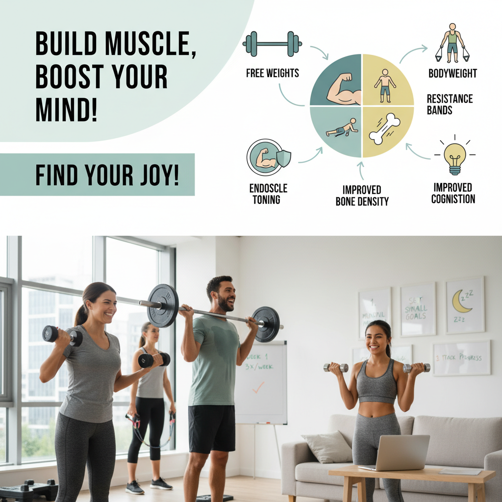 A motivational personal experience scene showing a beginner engaging in simple strength training at home or gym with tips displayed, emphasizing mindfulness, goal-setting, and progress tracking.