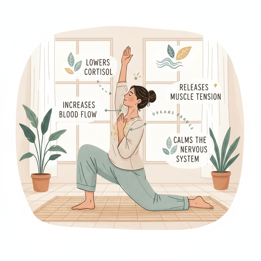 A series of images or illustrations depicting the top easy yoga poses for stress relief: Child’s Pose (Balasana), Easy Pose (Sukhasana), Legs-Up-the-Wall Pose (Viparita Karani), and Corpse Pose (Savasana), demonstrating correct posture and comfort tips.