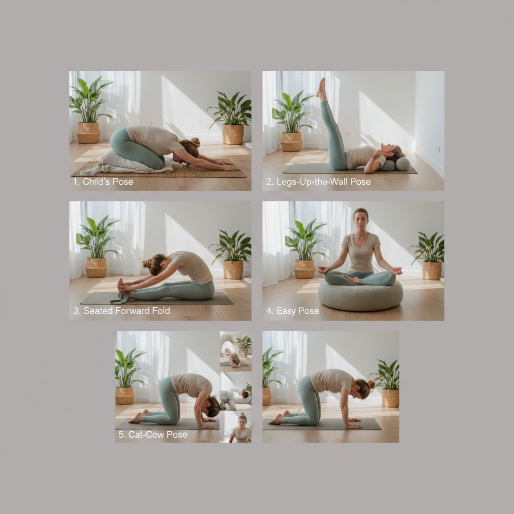 Illustration of a person calmly practicing yoga, highlighting the calming effects on the nervous system and mindfulness benefits.