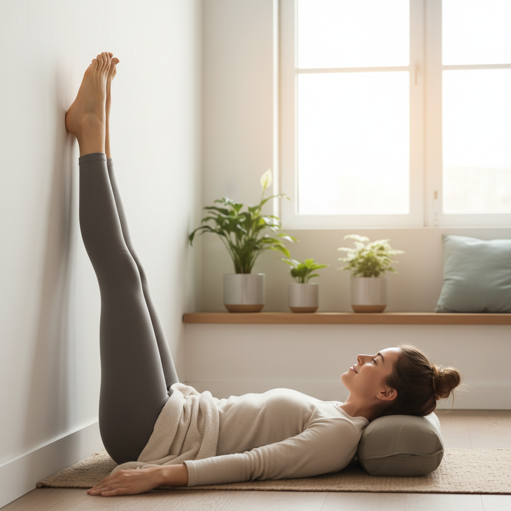 A sequence collage showing the 5 easy yoga poses for stress relief: Child’s Pose, Legs-Up-the-Wall Pose, Seated Forward Fold, Easy Pose, and Cat-Cow Pose.