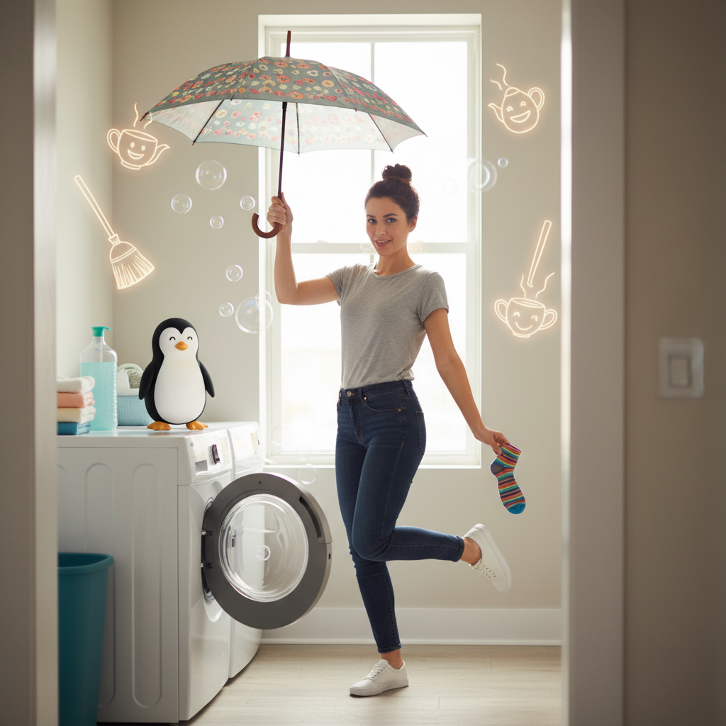 An intimate, warm scene showing a person reflecting thoughtfully on Mary Poppins energy, capturing a calm and balanced aura that combines kindness, discipline, imagination, and order in a cozy home environment.