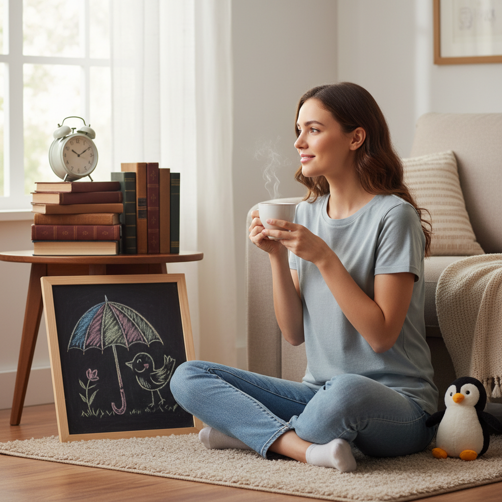 A symbolic image representing the balance between order and whimsy: one side showing structured elements like books and clocks, the other side featuring magical and imaginative symbols like unicorns and twinkling stars, incorporating British cultural symbols such as Mary Poppins’ iconic hat and umbrella.