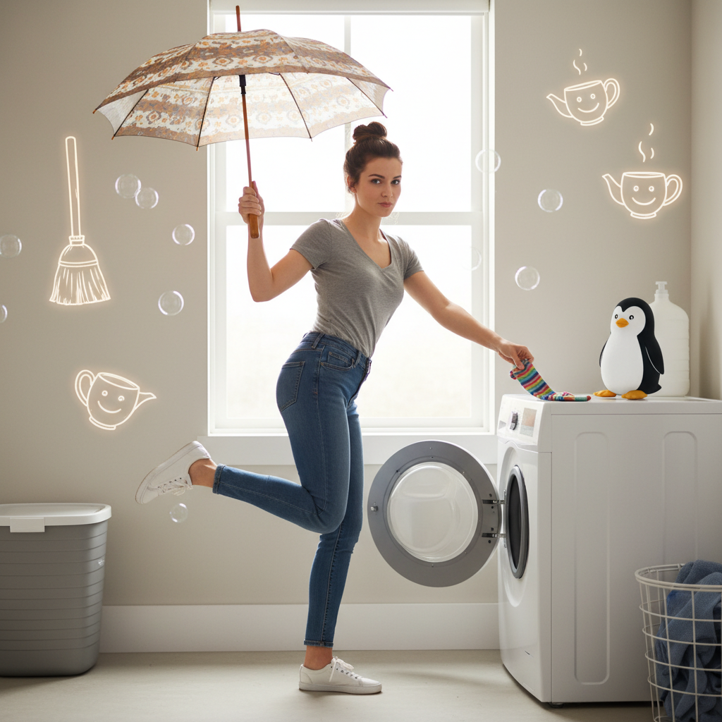 A whimsical illustration of Mary Poppins gracefully descending from the sky with her umbrella, surrounded by magical elements like flying kites, talking penguins, and colorful chalk drawings, symbolizing charm, discipline, and magic.